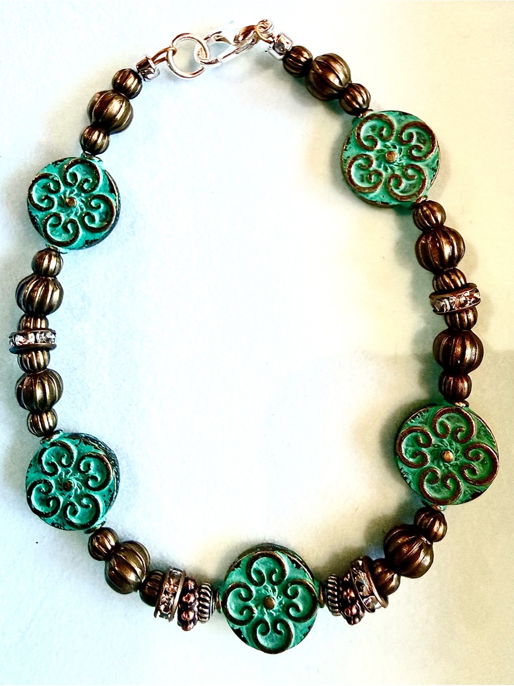 Green Patina Round Bead Bracelet with Bronze Accents - Women's Jewelry